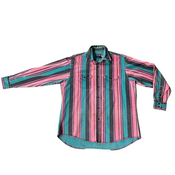 Vintage Wrangler Brushpopper 90s Western Shirt Pink Teal Stripe USA Rodeo Cowboy - Picture 2 of 12